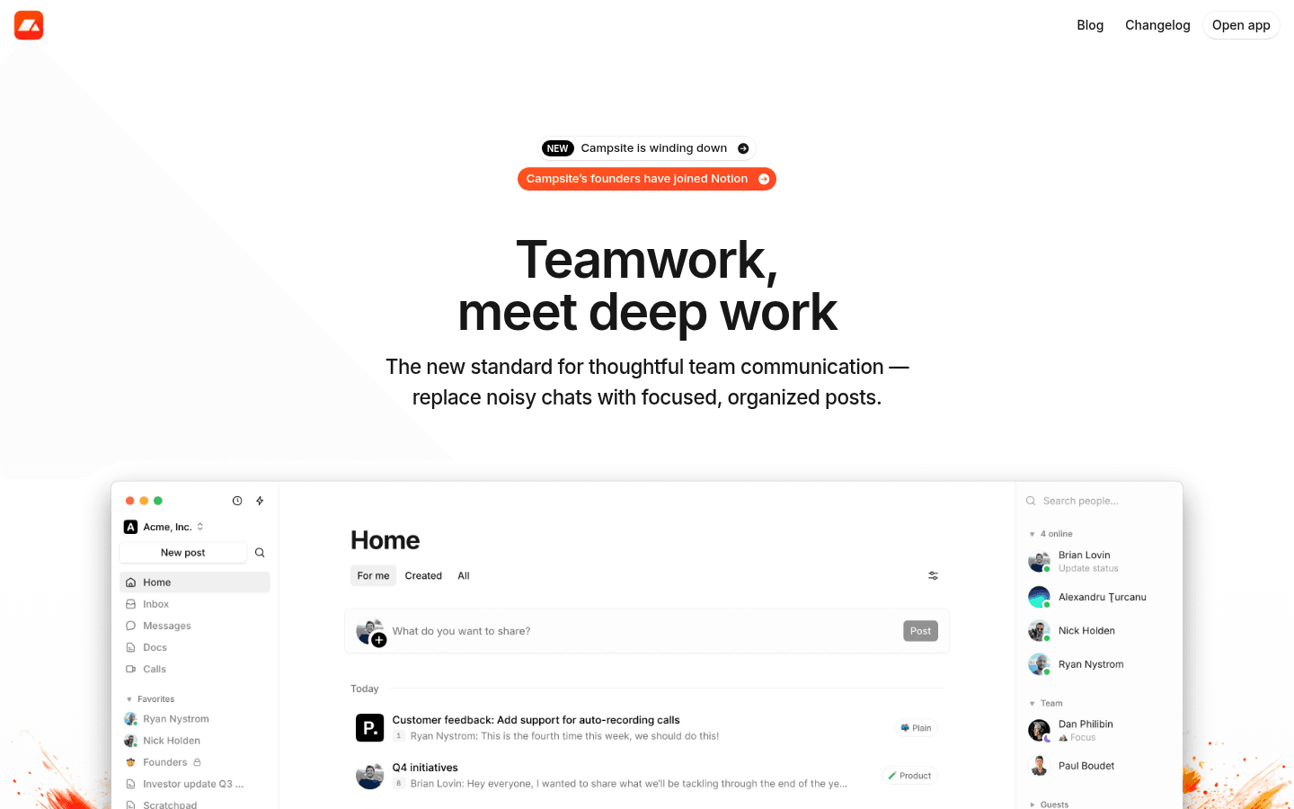 Campsite.com still showing wind-down banners and “Teamwork, meet deep work” hero