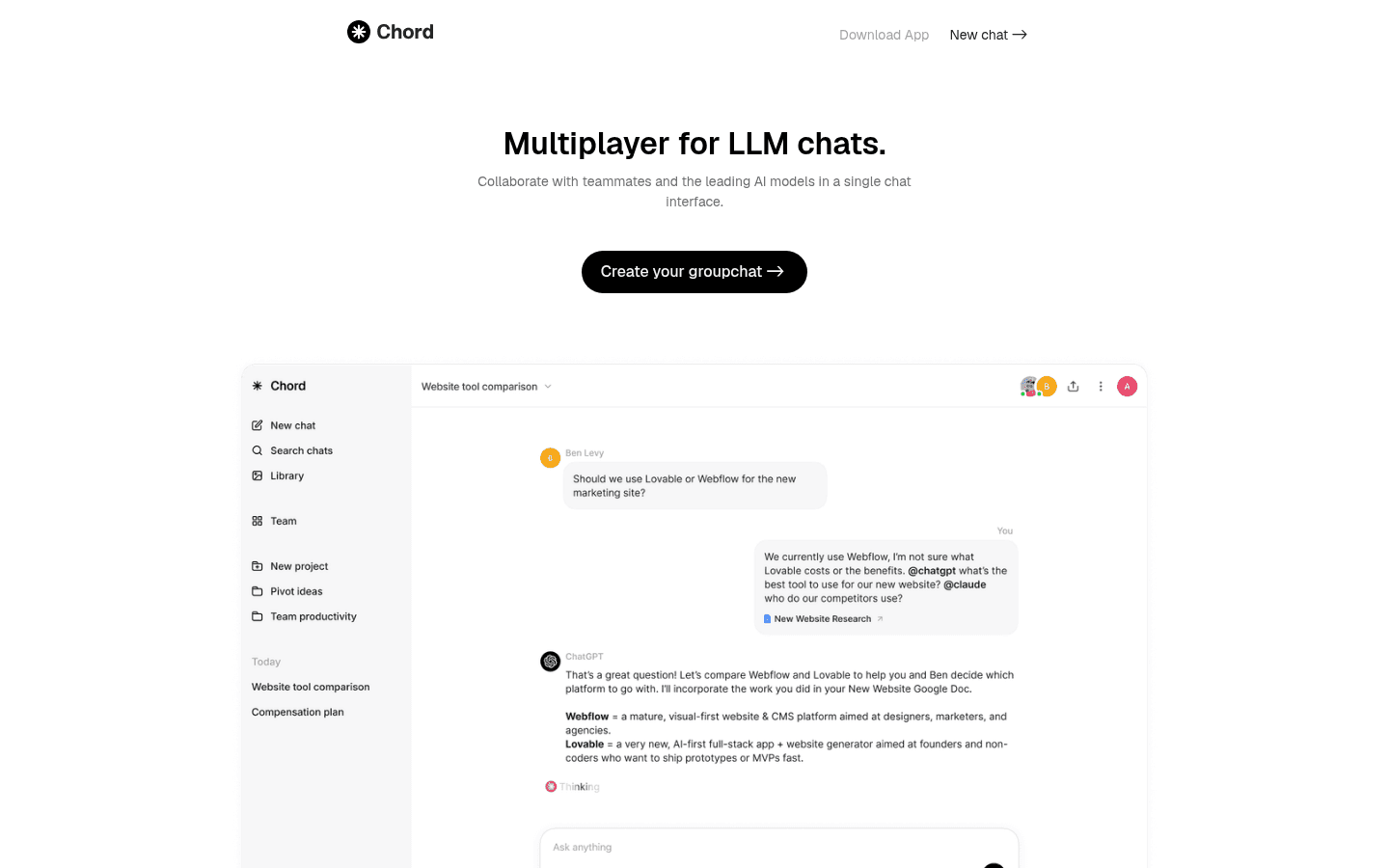 Chord homepage hero: “Multiplayer for LLM chats” with collaborative AI thread preview