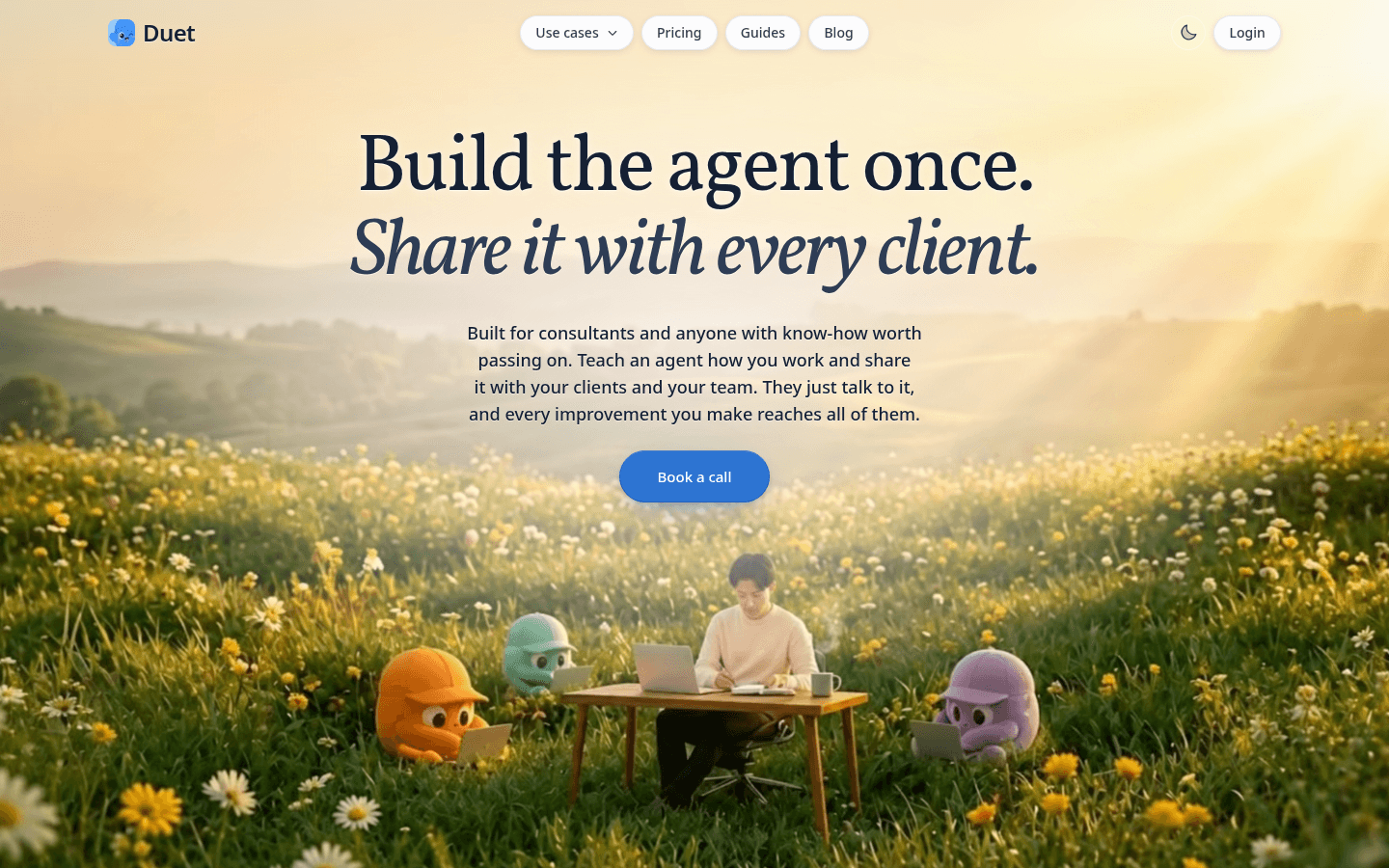 Duet (duet.so) homepage hero: “Build the agent once. Share it with every client.”