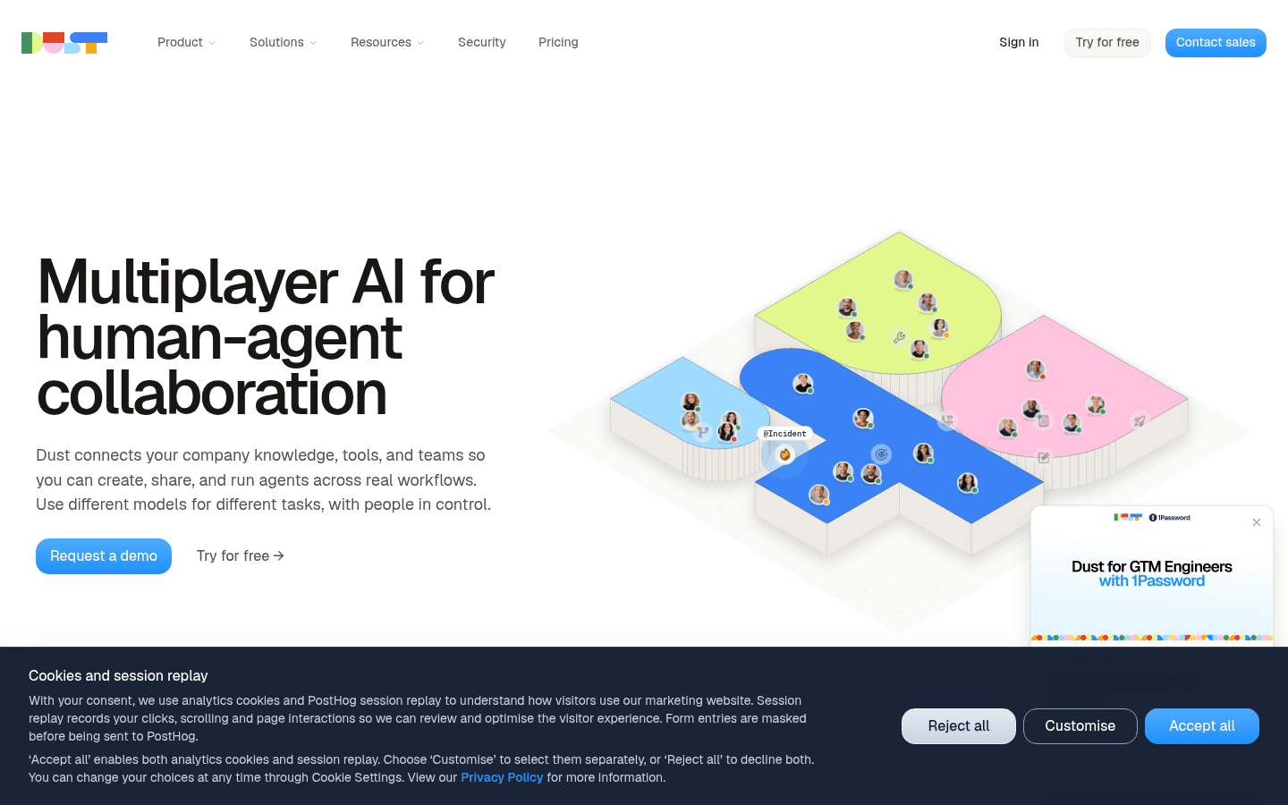 Dust homepage hero: “Multiplayer AI for human-agent collaboration”