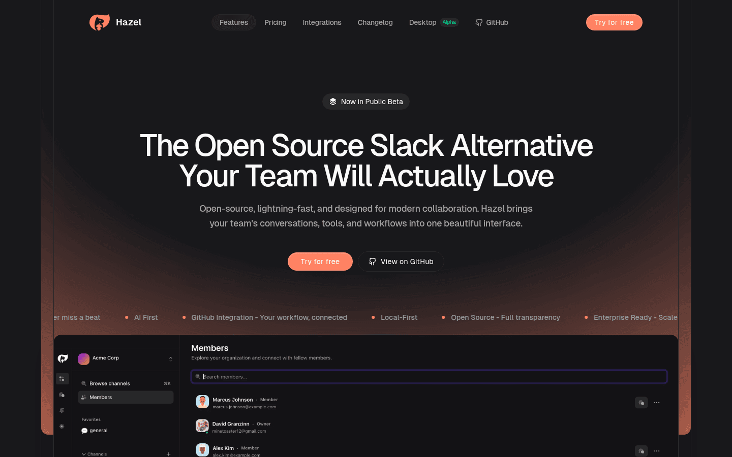 Hazel homepage hero: open-source Slack alternative with dark UI preview