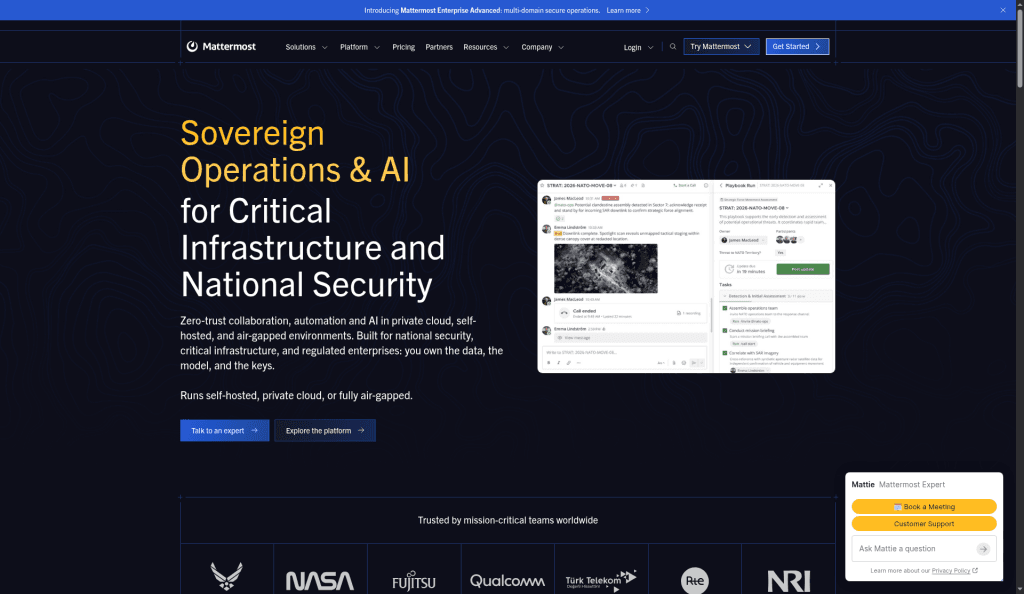 Mattermost homepage hero: “Sovereign Operations & AI for Critical Infrastructure and National Security”