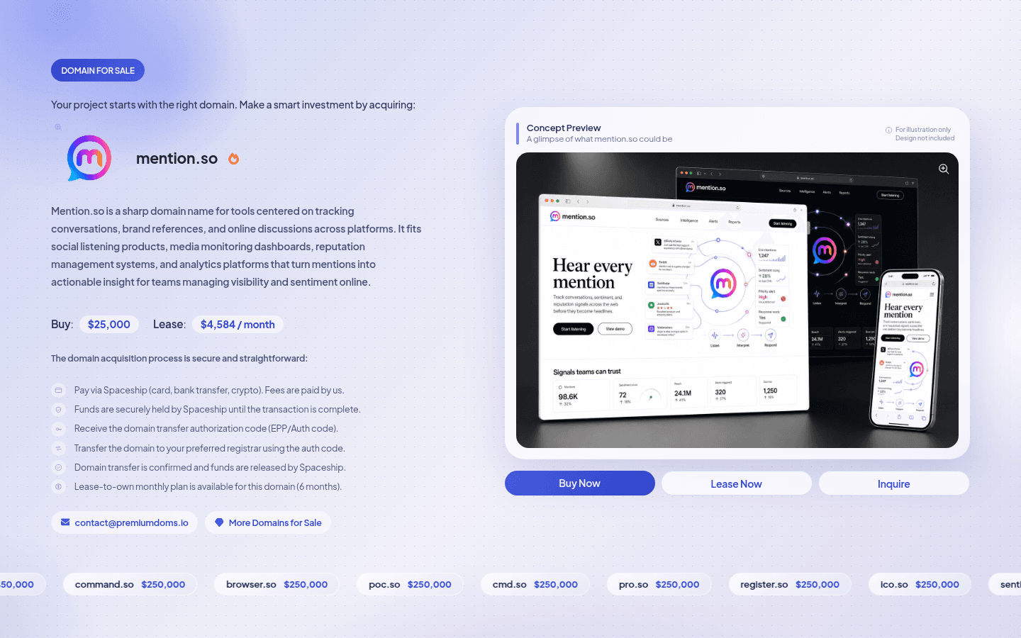 mention.so domain-for-sale landing page (PremiumDoms)