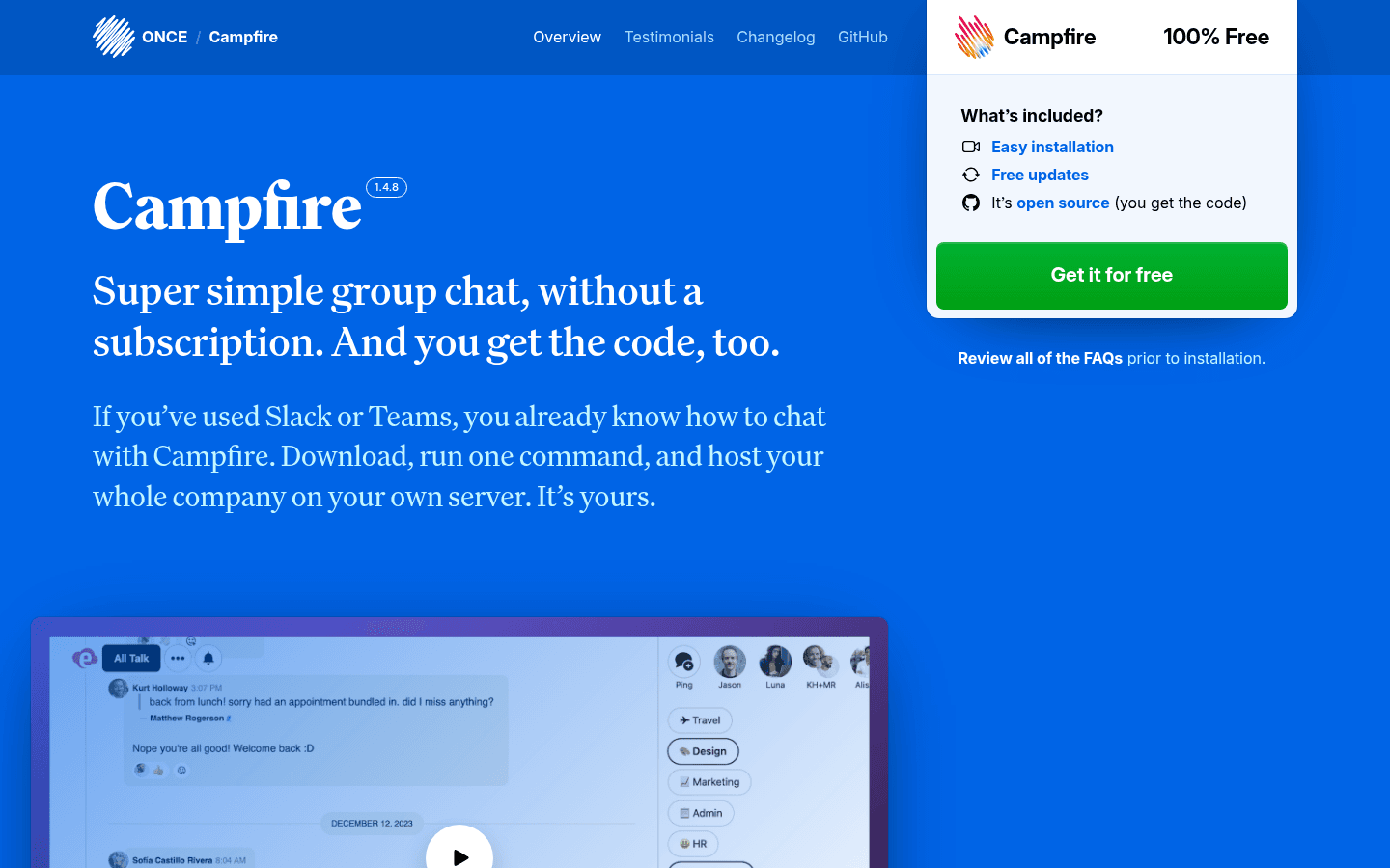 Campfire (ONCE) homepage hero: self-hosted group chat, free/open source