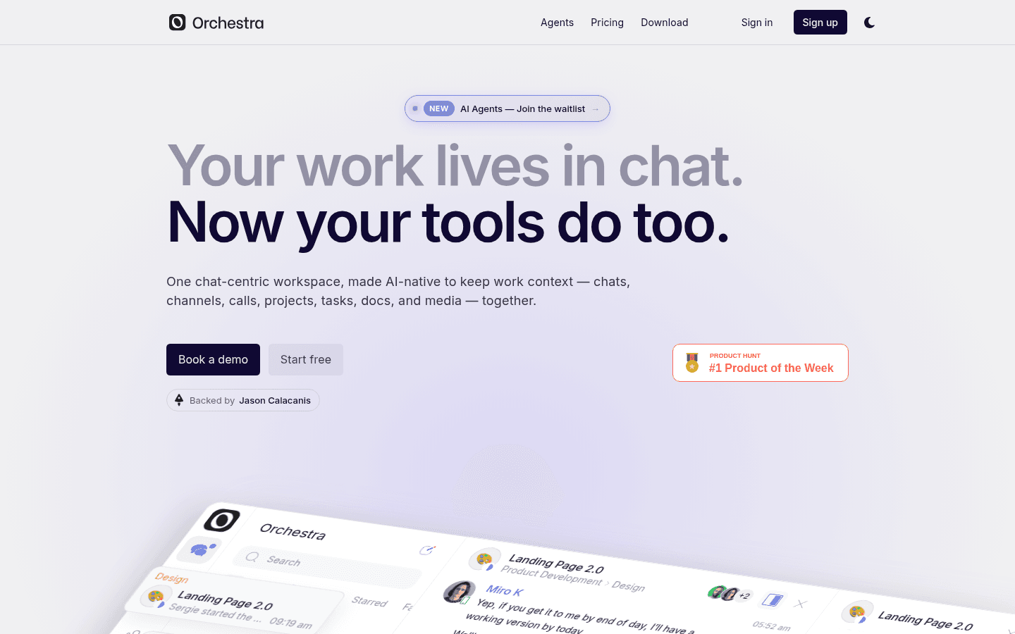 Orchestra (orch.so) homepage hero: “Your work lives in chat. Now your tools do too.”