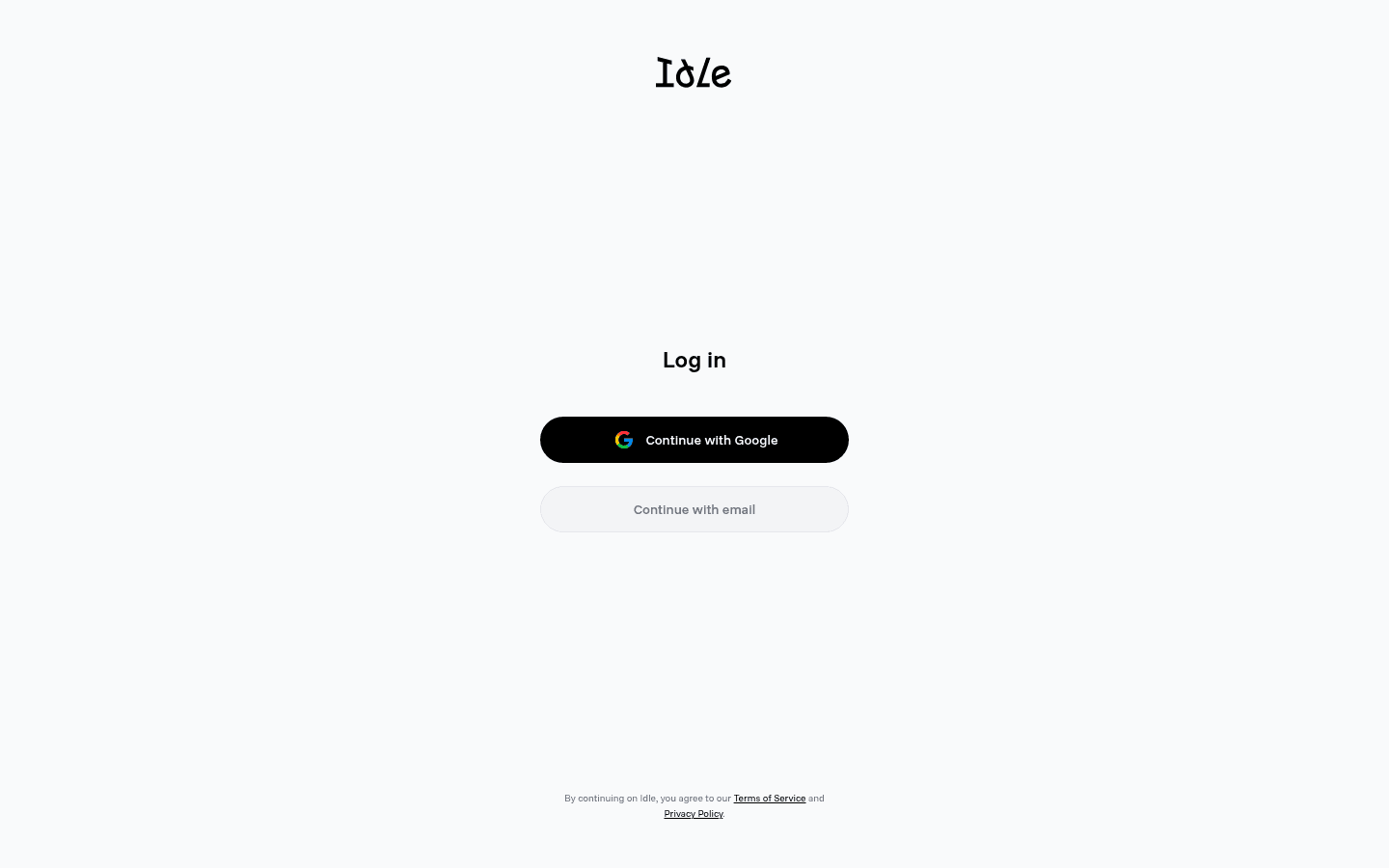 Idlechat login screen (output.app redirects here): Continue with Google / email