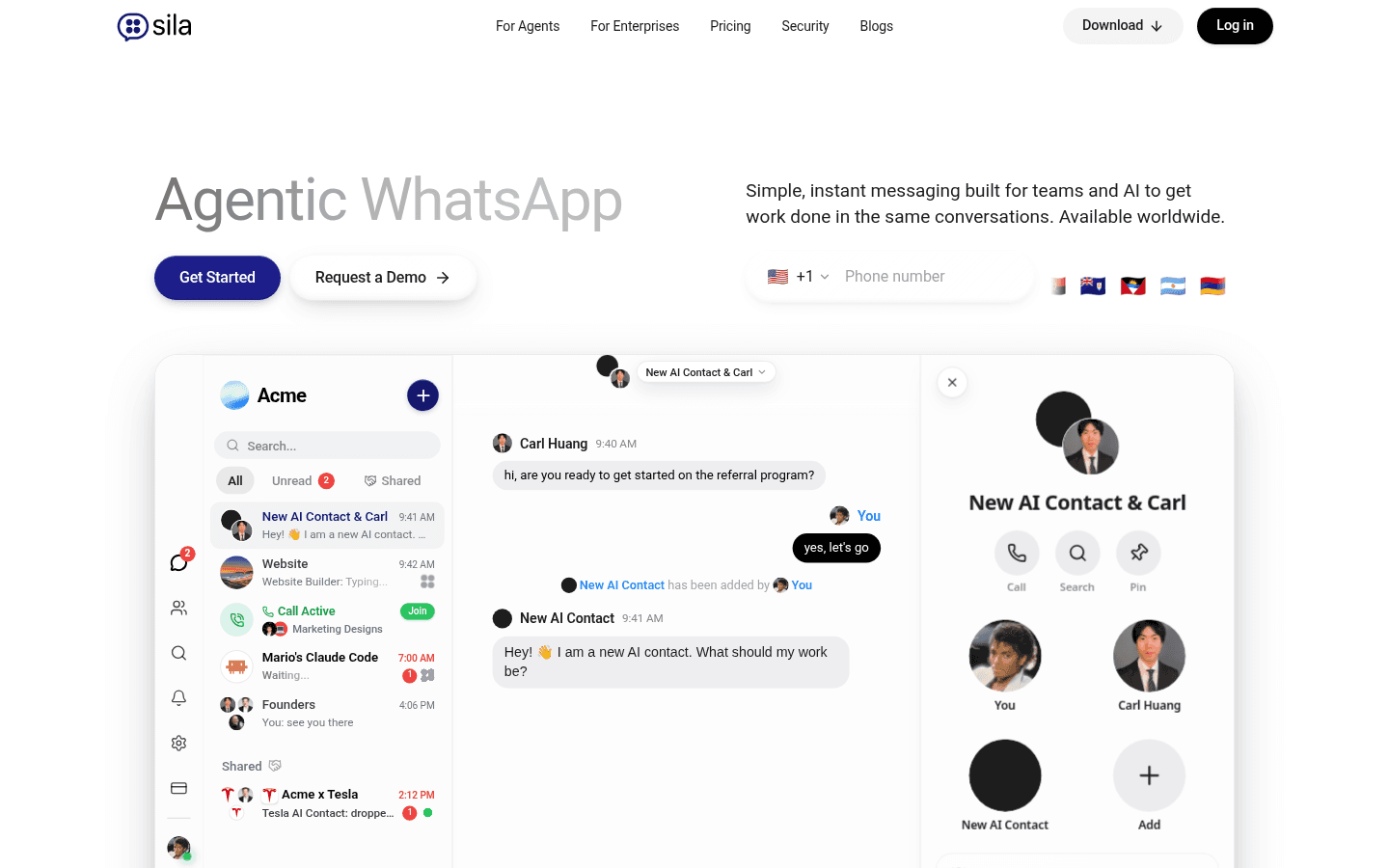 Sila homepage hero: “Agentic WhatsApp” with AI Contacts UI preview