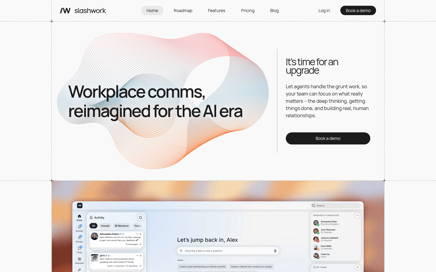 Slashwork homepage hero: “Workplace comms, reimagined for the AI era”