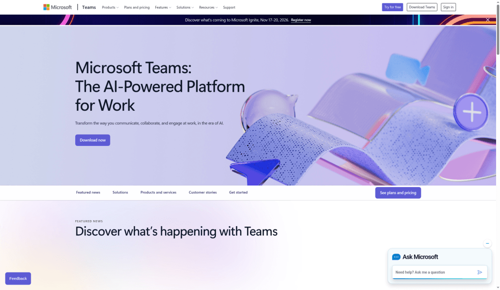 Microsoft Teams marketing hero: “The AI-Powered Platform for Work”