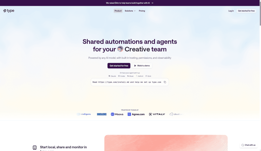 type.com homepage hero: shared automations and agents for creative teams