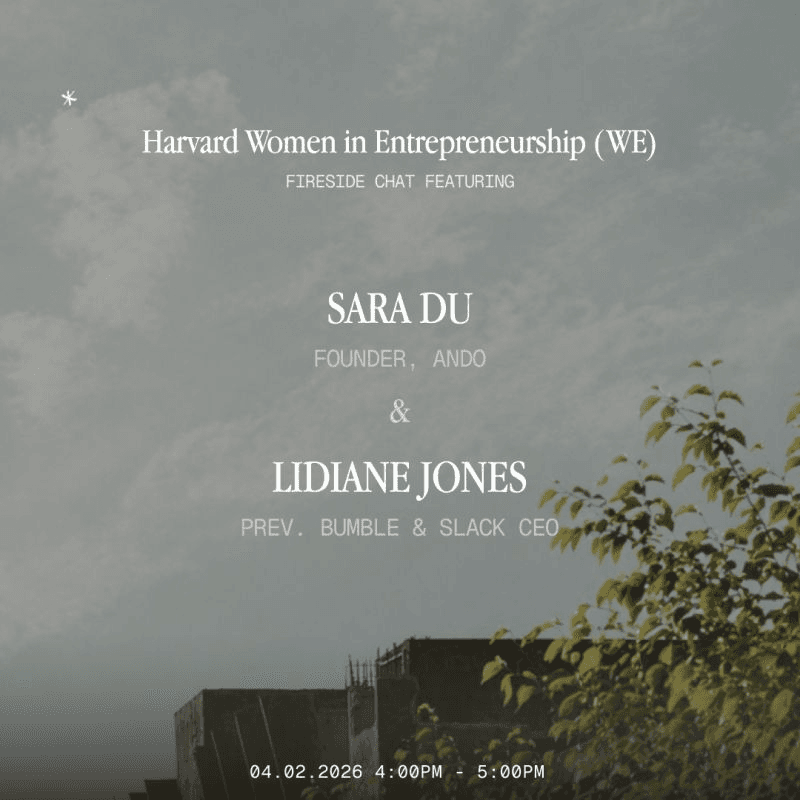 Event poster for a fireside chat with Sara Du and Lidiane Jones