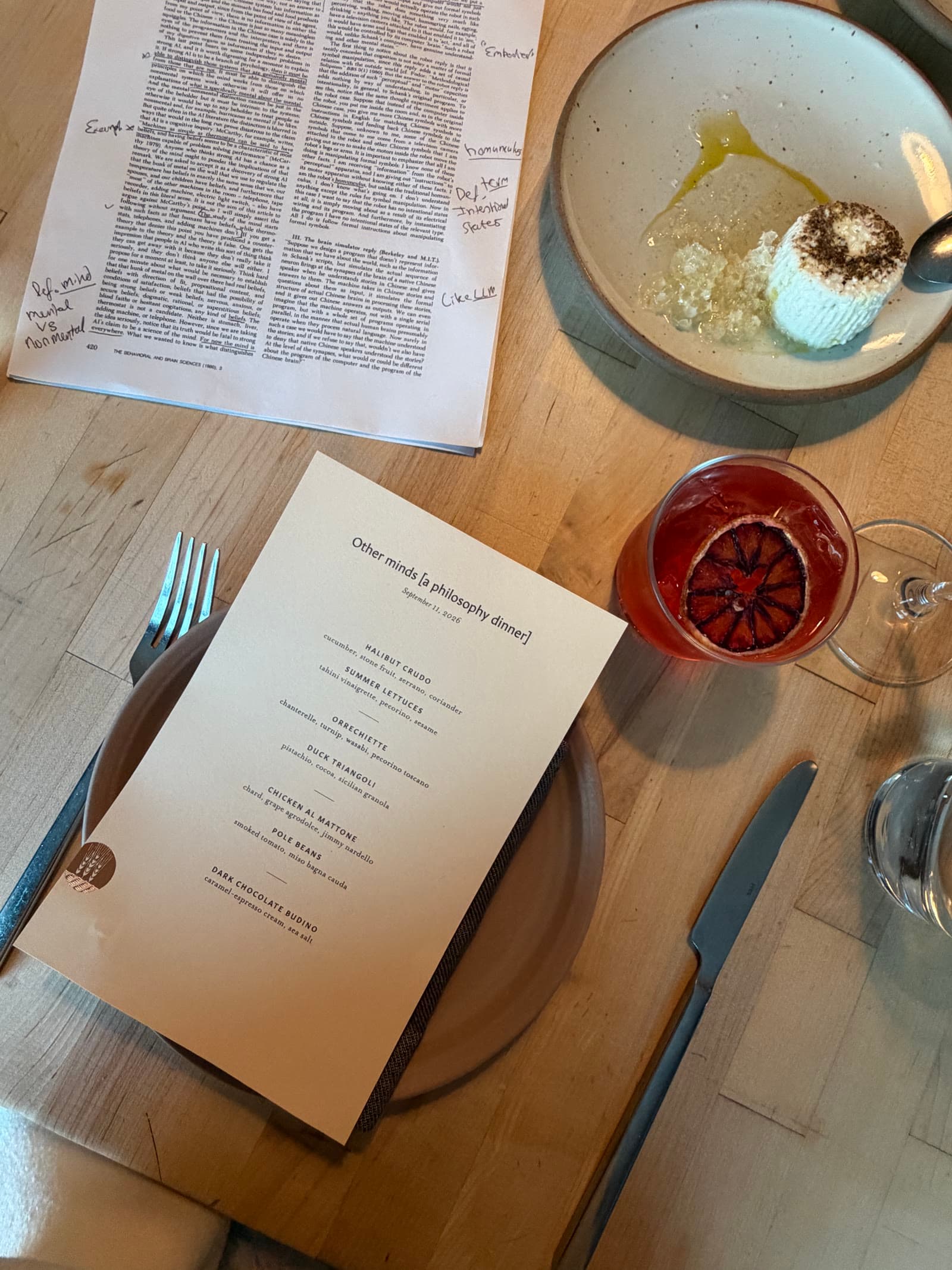 Philosophy reading notes, a dinner menu, and a cocktail at the Other minds dinner